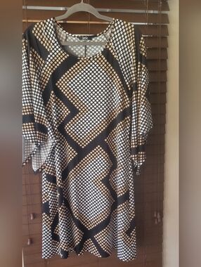 MSK Black Tan and White Polka Dot Midi Dress